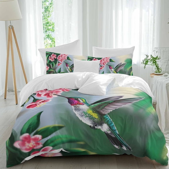Bird Floral Full Size Comforter Set, Hummingbird Spring Decorative Green Background Bedding for All Seasons, 4 Pcs Bed Set, 1Quiltcover (86"x86") ,1Sheet(80"x116"), 2Pillowcases (30"x20")
