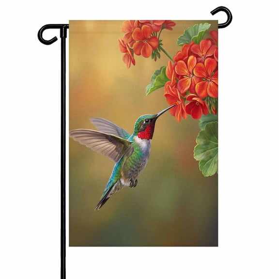 Bird Floral Garden Flag 28x40 Inch Red Flower Hummingbird Spring Plant Realistic Nature Double Sided Small Decorative Garden Flags for Outside, Outdoor Yard Porch Lawn Decoration