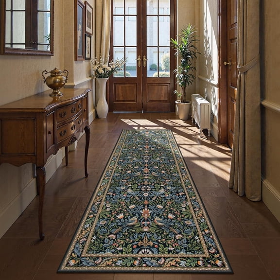Bird Floral Hallway Runner 2x6 Non Slip Washable Runner Rug Ultra Thin, Boho Stain Resistant Kitchen Rug Botanical Decor for Entryway Bedroom Laundry (Dark Green/Navy Blue)