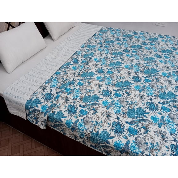 Bird Floral Kantha Quilt, Handmade Indian Cotton Bedspread
