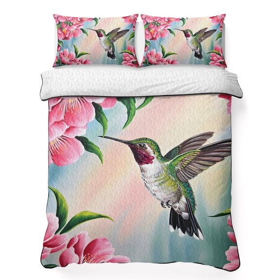 Bird Floral King Quilt Bedding Set, Hummingbird Spring Decorative Pink Background Lightweight Comforter with 2 Pillow Shams Bedroom Bedspread Set Home Decor for All Seasons