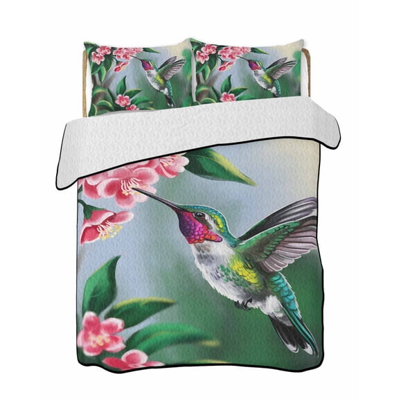 Bird Floral Quilts Bedding Set California King Hummingbird Spring Decorative Green Background Lightweight Quilted Bedspread 3 Piece Bed Quilt with 2 Pillow Shams All Season for Bedroom 96" x 106"