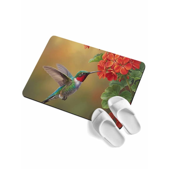 Bird Floral Soft Diatomaceous Earth Mat, Red Flower Hummingbird Spring Plant Realistic Nature Absorbent Bath Mat Non Slip Rubber Backed Quick Dry Doormat Fit Under Door for Bathroom Kitchen 16"x24"