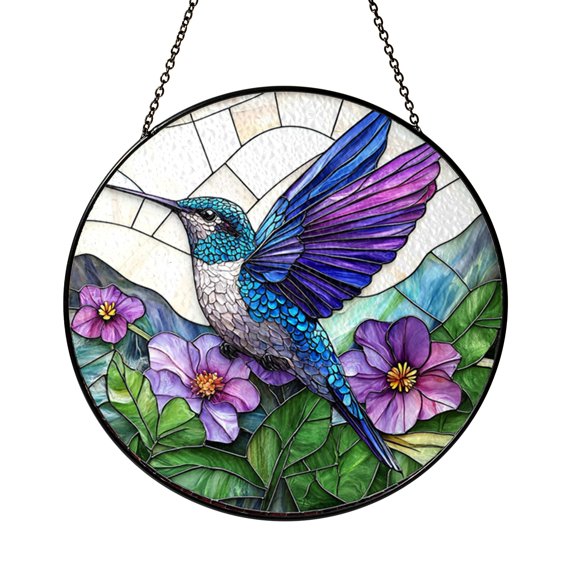 Bird Floral Stained Glass Suncatcher Hummingbirds With Lavender Window Hanging Decor Nature Sun Catcher