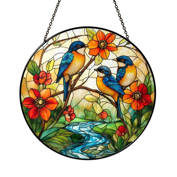 Bird Floral Stream Scene Stained Glass Style Suncatcher Window Hanging Decor, Decorative Glass Panel Art Window Ornament Nature Gift