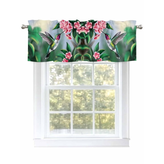Bird Floral Valances for Windows Hummingbird Spring Decorative Green Background Rod Pocket Curtains Valance Short Window Treatment Drapes for Living Room, Bedroom Bathroom 42"&nbsp;W x 12" L