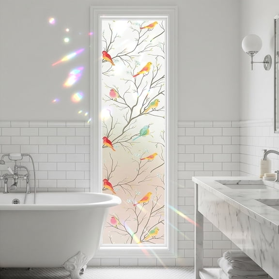 Bird Floral Window Film, Laser Rainbow Privacy Glass Sticker, Light Transmitting Heat Insulation Decor for Kitchen Bathroom, 78.74x17.71in