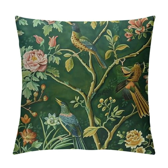Bird Flower Floral Chinoiserie Pillow Case Aqua and Green Euro Sham Pillow Cover Asian Colorful Cushion Cover  Accent Pillowcase Rustic Home Decor for Sofa Living Room Bedroom