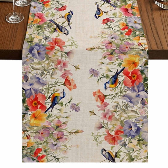 Bird Flower Floral Tulip Branch Leaves Plant Table Runner for Dining ...