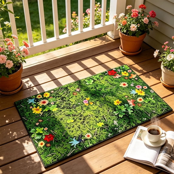 Bird Flower Grass Doormat, Fresh Spring Bird Flower Vivid Printed Anti Slip Design, Entryway Rug, Foot Pad for Home Courtyard Indoor Outdoor Daily Anti Slip Decoration