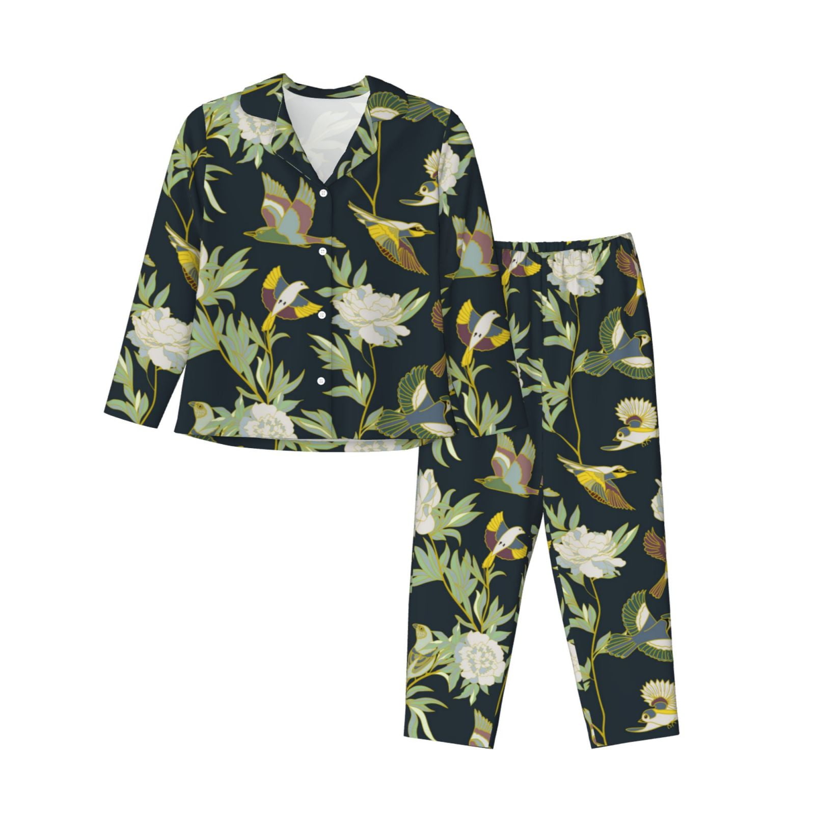 Bird and Flower Print Pajamas for Women Set Comfy Long Sleeve Button Shirt and Pajama Pants