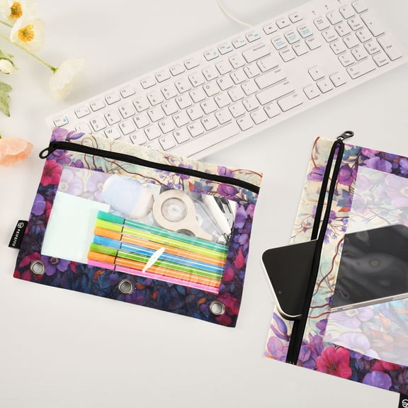 Bird Flowers Floral Purple 2 Pack Pencil Pouches Zipper Pencil Case 3 Ring Pencil Pouch Cosmetic Bag