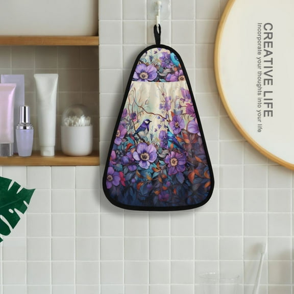 Bird Flowers Floral Purple Hanging Towel Kitchen Hand Towel Bathroom Absorbent Towel Machine Washable Quick Dry Dishcloths
