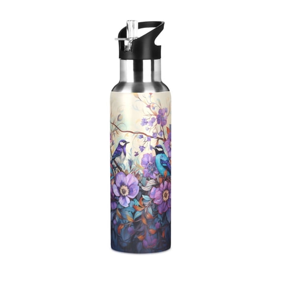 Bird Flowers Floral Purple Sports Water Bottle with Straw Lid Insulated Stainless Steel Leak Proof BPA Free Thermal Mug with Handle for Gym Yoga Cycling Camping