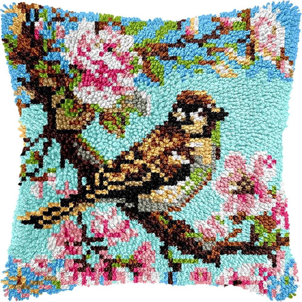 Bird & Flowers Latch Hook Kits Pillow kits Cushion Throw Pillow Embroidery Craft Kits DIY Kits of DIY Hooking Pillowcase Cover Supplier with Color Printed Canvas 43x43cm (50)