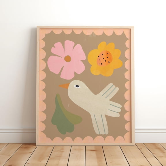 Bird and Flowers Print, Flower Illustration, Wildflower Print, Pastel Flower, Girl Nursery Bedroom, Tween Art, Eco Nursery Art, Floral Gift Wall Art Poster , Poster Print Only