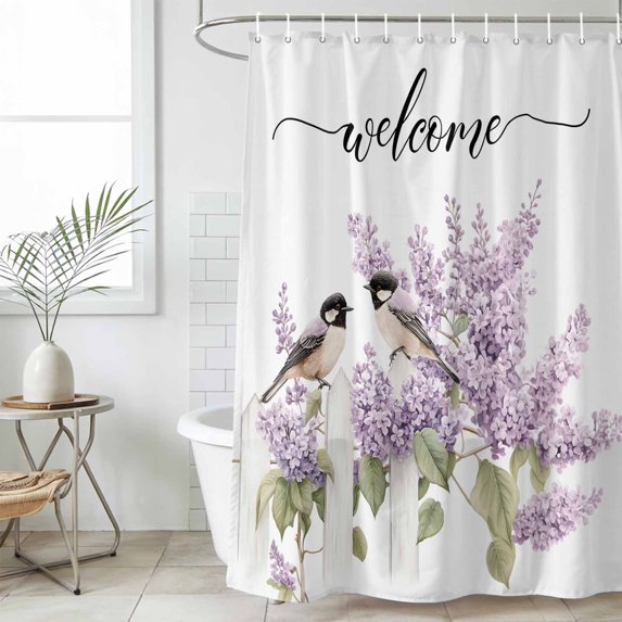 Bird Flowers Small Stall Shower Curtain, Waterproof Shower Curtains for Bathroom, Purple Lavender Pastoral Pastel Watercolor Washable Fabric Cloth Bath Curtain for Bathtub with Hooks 36x78 Inches