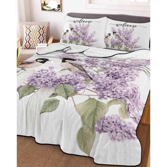 Bird Flowers Twin Size Down Alternative Comforter, Lightweight Comforter Quilt Bedding Set with Pillow Shams Purple Lavender Pastoral Pastel Watercolor All Seasons Bed Comforter Duvet Insert 68"x86"