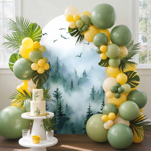 Bird Fog Forest Arch Backdrop Cover, 4FT, Abstract Spring Black Dark Green Forest Tree Mystery Spandex Arch Covers Double-Sided Backdrop for Wedding Birthday Party Photo Background Decoration