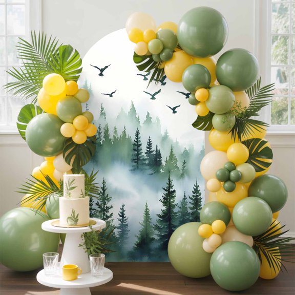 Bird Fog Forest Arch Backdrop Cover, 4FT, Abstract Spring Dark Green Forest Tree Mystery Spandex Arch Covers Double-Sided Backdrop for Wedding Birthday Party Photo Background Decoration