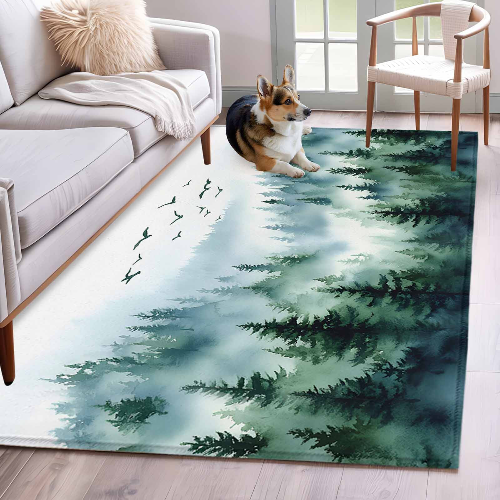 Foresty Rug Bird Fog Forest Area Rugs 3x5 ft Abstract Spring Dark Green Forest Tree ...