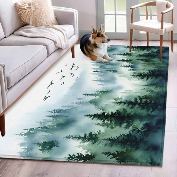 Car Rug Forest Bird Fog Forest Area Rugs 3x5 ft Abstract Spring Dark Green Forest Tree ...