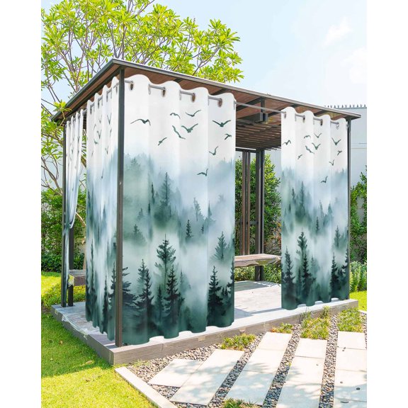 Bird Fog Forest Outdoor Curtains for Patio, Abstract Spring Black Dark Green Forest Tree Mystery Waterproof Weatherproof Outside Privacy Curtains Outdoor Drapes for Porch 54x95 Inch, 2 Panel
