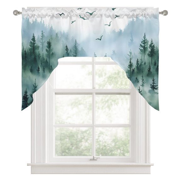 Bird Fog Forest Swag Valance for Windows, Abstract Spring Black Dark Green Forest Tree Mystery Swag Curtains Valances for Small Window Treatment Rod Pocket for Kitchen Bathroom 1 Panel 56x36in