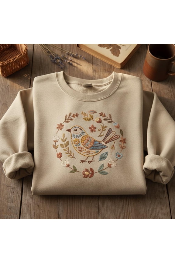 Bird Folk Art Embroidered Sweatshirt Cottagecore Nature Shirt Folk Embroidery Top Forestcore Bird Lover Gift Botanical Fairycore Clothing