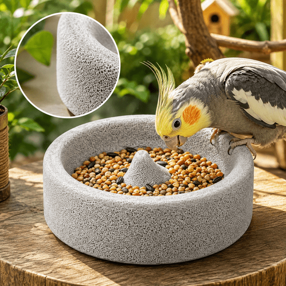 Bird Food Dish Natural Porous Pumice Stone Bowl with Beak Grooming Texture for Budgie Parakeet Cockatiel and Conure 4.72 x 1.57 in