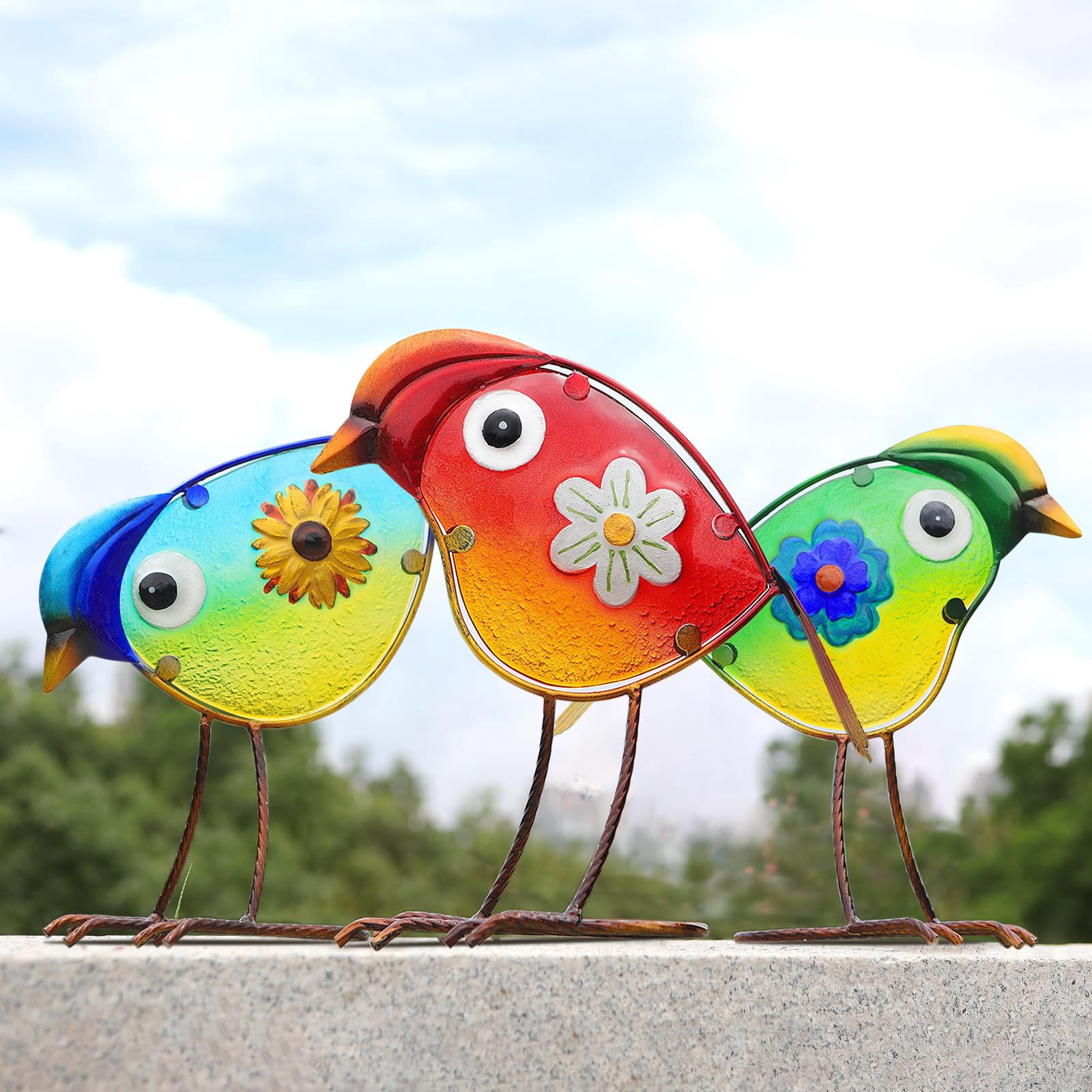 Bird Garden Decor For Outside  Glass & Metal Yard Art Decorations Outdoor Patio Backyard Gift Women Grandma Mom(3 Pack)