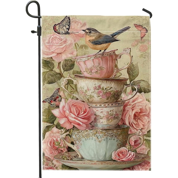 Bird Garden Flag, Vintage Butterfly Rose Spring Design, Double Sided Burlap Yard Flag for Outdoor Patio Lawn Porch, 12 x 18 Inch