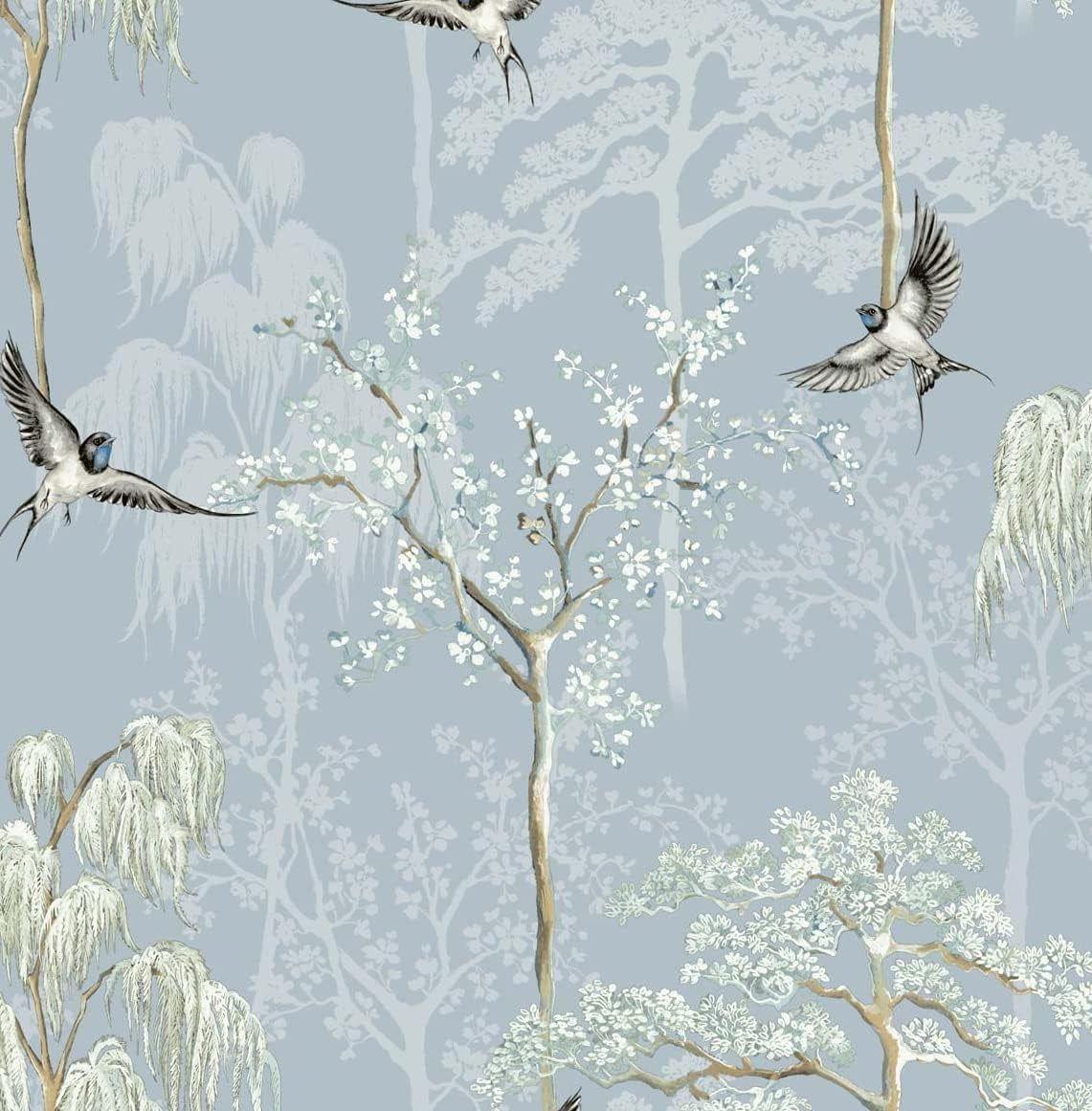 Light Blue Bird Garden Peel and Stick Wallpaper