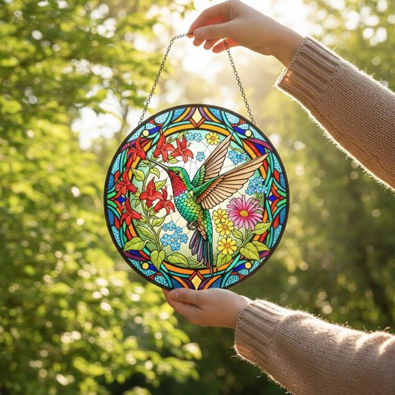 Bird Glass Suncatcher, Window Hanging, Colorful Hummingbird Sun Catcher, Floral Nature Inspired Art, Unique Decor, 7.9 in