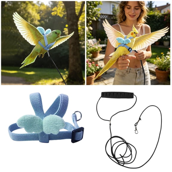 Bird Harness and Leash Set Adjustable Cute Wing Parrot Leash Harness Soft Comfortable Outdoor Flying Traction Straps Band for Walks Training Travel Small Medium Birds