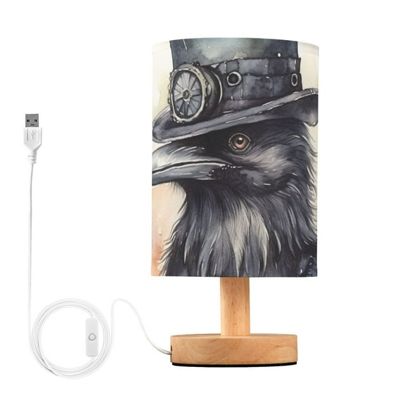 Bird Hat Black Table Lamp USB Bedside Desk Nightstand Lamp Printed Gifts Small Lamp Wood Base for Bedroom Living Room Kids Room College Dorm