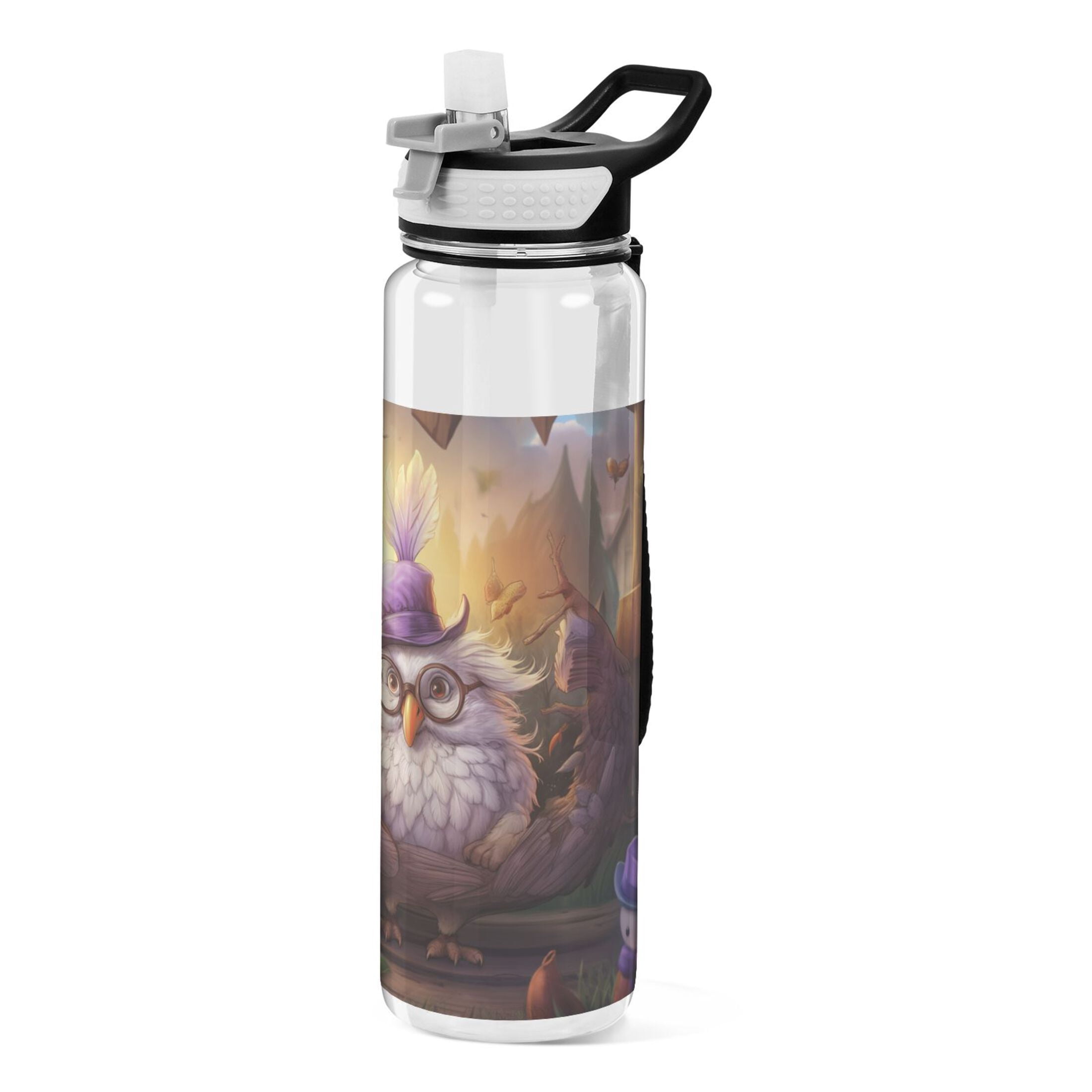 Bird Hat Glasses Dolls Sports Water Bottle Portable Travel Mug 32oz BPA Free Leak Proof Straw Transparent Tritan for Gym Yoga Cycling Camping