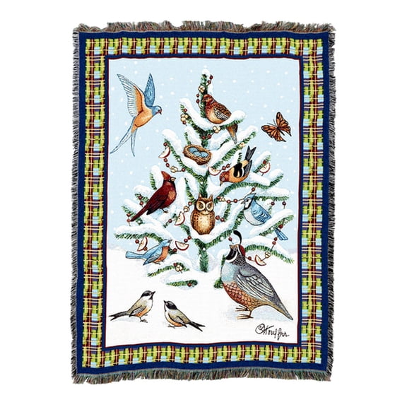 Bird Haven Woven Throw Blanket, 100% Cotton, Fringed Edges