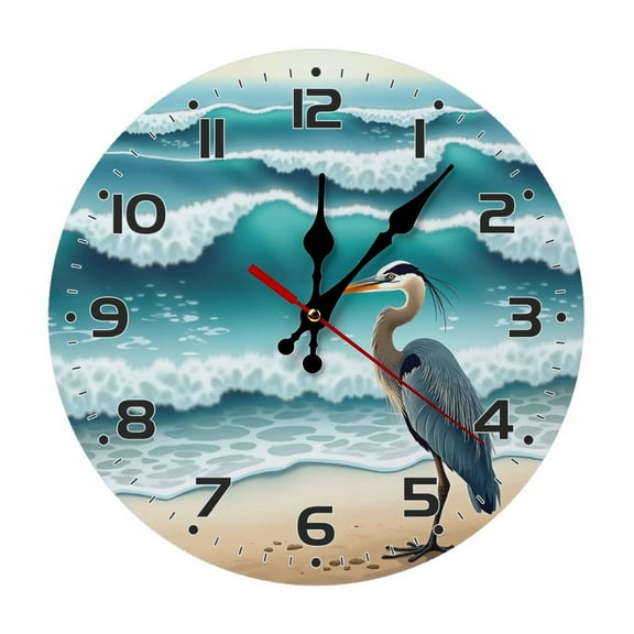 Bird Heron Beach Wall Clock 10 Inch Silent Non Ticking Round Clock Decoration for Living Room Kitchen Bedroom Bathroom Office Classroom