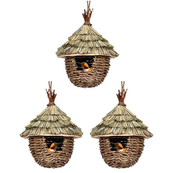 Bird House,3Pcs Hand Woven Hanging Humming Bird House for Nesting,Natural Grass Bird Nest for Garden,Patio