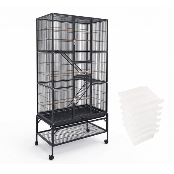 Bird House, Black Multi-Tier Partitioned Aviary 69in, Sturdy Steel Parrot Cage with Anti-Rust Frame, Slide-Out Tray, 360 Casters, Feed Bowls for Conure, Lovebird, Finch
