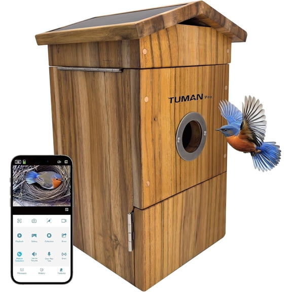 Bird House With CameraSmart Solar Powered WIFI Camera BirdhouseApp ControlAI Bird RecognitionWatch Bird Nesting & Hatching In Real Time,IP65 Waterproof Teak Birdhouse