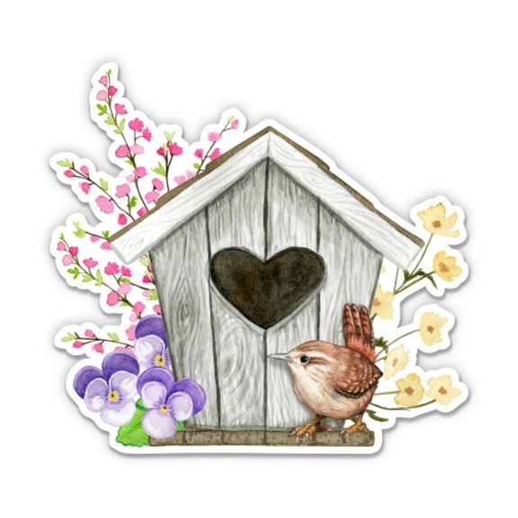 Bird House Flowers - 12" Vinyl Sticker Waterproof Decal