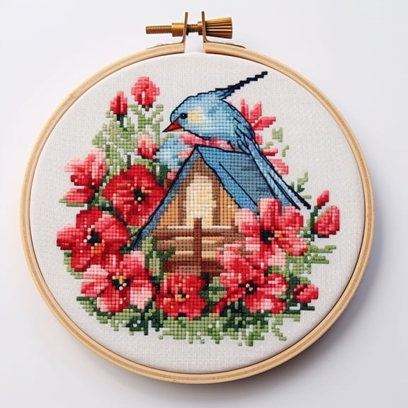 Bird House and Flowers DIY Stamped Cross Stitch Kits for Beginners Easy with Hoop 11CT Needlepoint Embroidery Counted Cross Stitch Kits Art Craft Wall Decoration 35x35cm(1)