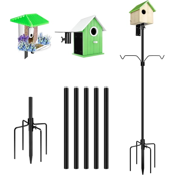 Bird House Pole, 95 Inch Heavy Duty Bird Feeder Pole Mount Kit for Outdoors, Adjustable Bird Feeding Stand, with 2-Hooks, 5-Prong Base for Birds Watching