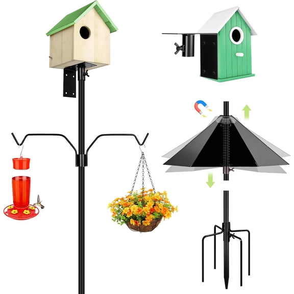 Bird House Pole, 95 Inch Heavy Duty Bird Feeder Pole Mount Kit for Outdoors, Adjustable Feeding Stand, with 2-Hooks, Metal Squirrel Baffle and 5-Prong Base, for Birds Watching