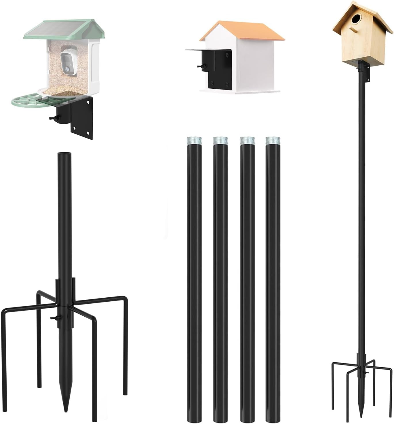 Bird House Pole Mount Kit 96 Inch - Adjustable Hummingbird Bird Feeder Post Support Rod Universal Stand Set with 5 Prongs for Outdoor, Yard, Garden Decor, Black