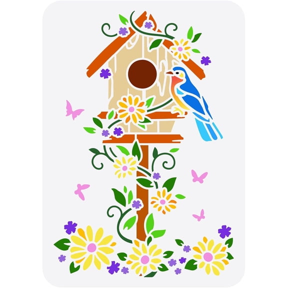 Bird House Stencil 11.7x8.3 inch Flowers Butterfly Stencils Plastic Bird Daisy Leaves Pattern Template Reusable DIY Art and Craft Birdhouse Stencils for Floor Wall Tile Fabric Furniture Mixed Color