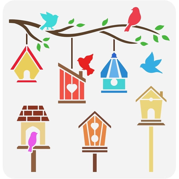 Bird House Stencil 11.8x11.8 inch Reusable DIY Farmhouse Home Decor Tree Branches Pattern Craft Stencil Bird Cage Drawing for Wood Signs DIY Scrapbook Photo Album Colorful