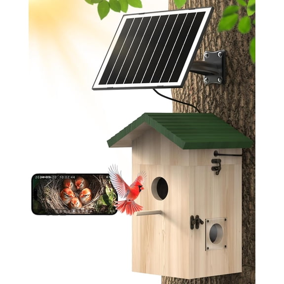 Bird House with Camera Solar Powered, 2K HD Wi-Fi Bird Watching Cam for , Auto Detect & Notify, Night Vision, APP Control, Wooden with Camera Inside